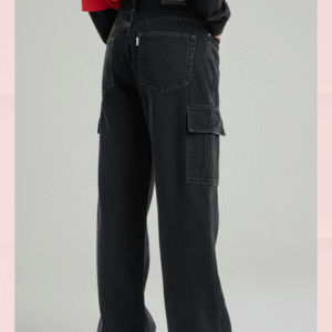 Men Black Washed Wide-Leg Cargo Jeans