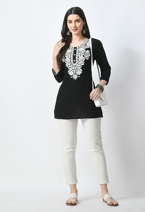 Black Chikankari Kurti for Women | Lucknowi Embroidered Short Kurta auto draft