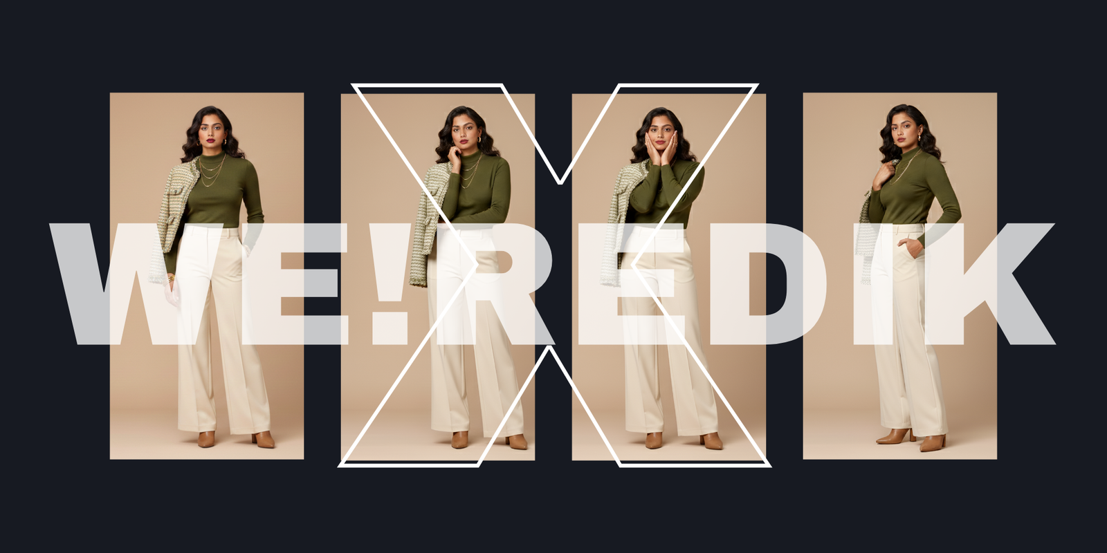 REDIK FASHION banner showcasing four poses of a female model in a stylish corporate casual outfit: olive green turtleneck top, wide-leg off-white trousers, and a textured cream tweed jacket. The text overlaid reads 'WE! REDIK'.