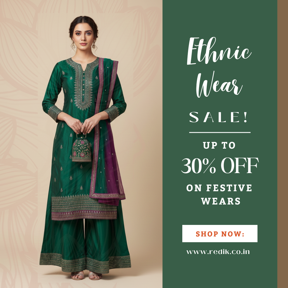 A model wearing a richly embroidered dark green silk kurta and palazzo set with a purple dupatta, advertised with "Ethnic Wear Sale! Up to 30% Off."