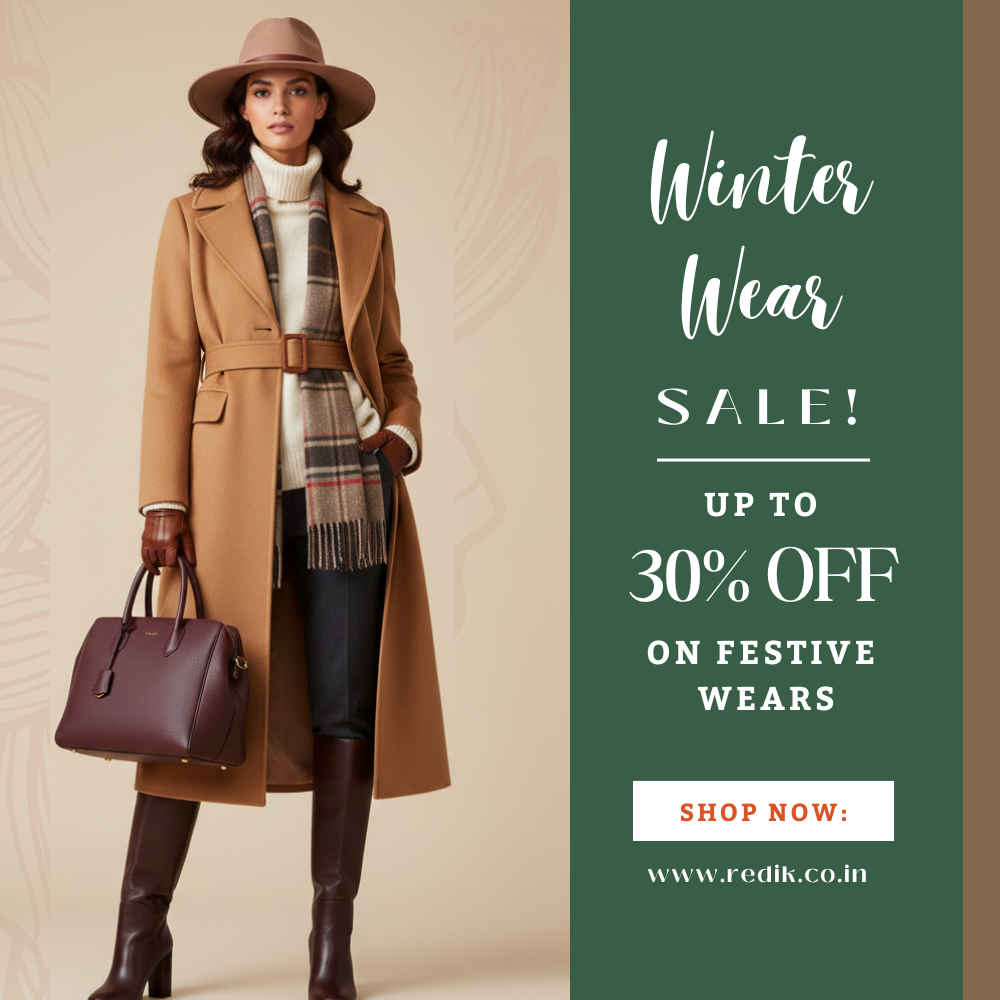 A stylish woman in a neutral-toned, wide-brimmed hat, a long camel-colored belted wool coat, a white turtleneck sweater, and a plaid scarf. She is wearing dark trousers and knee-high leather boots, carrying a maroon handbag, and standing against a neutral background. The right side of the image features a dark green panel with white text advertising a "Winter Wear Sale! Up to 30% Off on Festive Wears." The website "www.redik.co.in" is displayed below a "Shop Now:" button.
