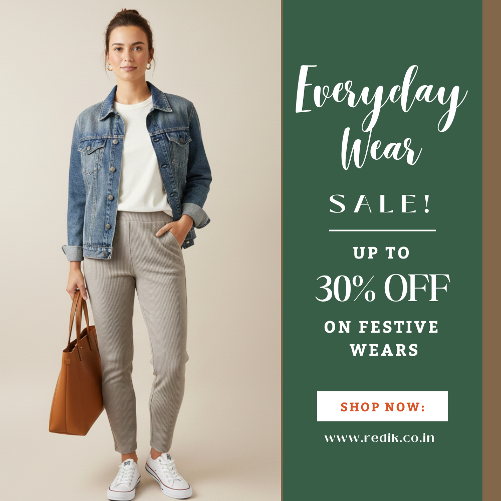 A young woman modeling a casual outfit, consisting of a light-wash denim jacket, a white t-shirt, and ribbed light grey joggers. She is wearing white canvas sneakers and holding a large tan leather tote bag. She stands against a neutral background. The right side of the image features a dark green panel with white text advertising an "Everyday Wear Sale! Up to 30% Off on Festive Wears." The website "www.redik.co.in" is displayed below a "Shop Now:" button.