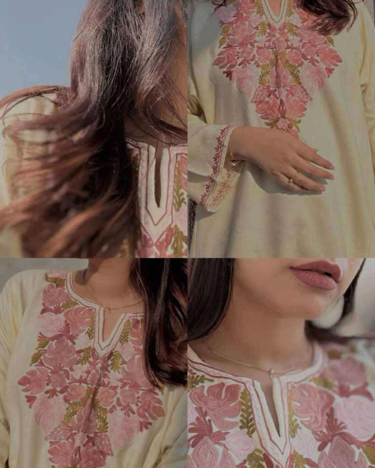 Close-up collage of a woman wearing a cream-colored Kashmiri Phiran (kurta) with intricate pink and green Sozni embroidery on the neckline and sleeves, highlighting traditional Indian ethnic wear.