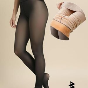 New arrival Black fleece-lined thermal tights for women, showing thick warm lining.