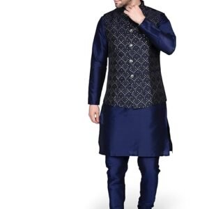 Full-length shot of a man wearing a stylish navy blue melange cotton kurta with a band collar and white churidar pajama, posing with sunglasses.