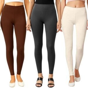 New arrival Pack of 3 women's cotton lycra leggings: brown, grey, and cream.