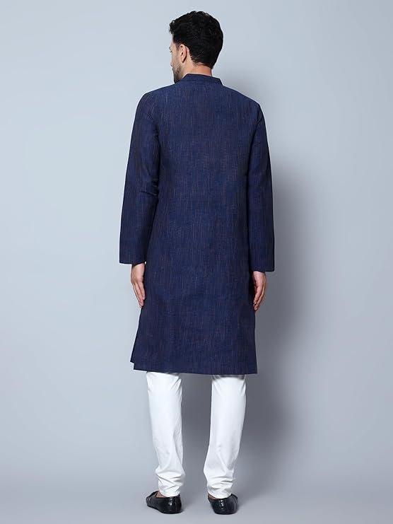 Men's Navy Blue Melange Cotton Kurta with White Churidar Set Back view of the men's navy blue long kurta showing the full length, side slits, and comfortable fit of the ethnic wear set.