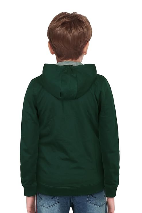 Kids Dark Green Full-Zip Hoodie - Boys Hooded Sweatshirt Back view of a young boy wearing a dark green full-zip hoodie (sweatshirt) with a hood, ideal for kids' casual wear or layering.
