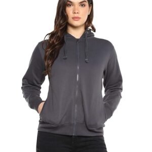Collections Women's charcoal grey full-zip hoodie with pockets and drawstring hood.