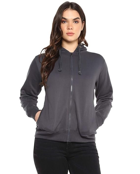 Women's Warm Full-Zip Hoodie Jacket with Pockets. Women's charcoal grey full-zip hoodie with pockets and drawstring hood.