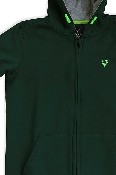 Boys Dark Green Zip Up Hoodie Sweatshirt | Kids Winter Casual Wear Close-up of a dark green full-zip hoodie for boys, featuring a neon green embroidered stag logo, front kangaroo pocket, and contrasting gray hood lining.
