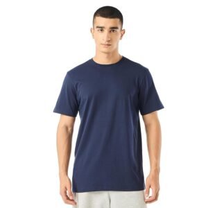 Navy blue men's cotton blend t-shirt with regular fit and size chart.