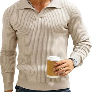 New arrival Men's beige ribbed knit polo sweater with long sleeves.