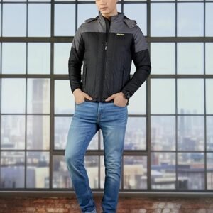 Men Black oversized balaclava zip-up hoodie with tribal graphic sleeve print.