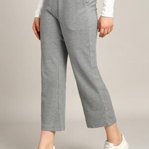 New arrival Women's grey knit cropped pants with wide waistband and straight leg.