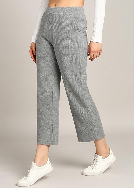 Women's Grey Knit Cropped Trousers for Casual Wear. Women's grey knit cropped pants with wide waistband and straight leg.