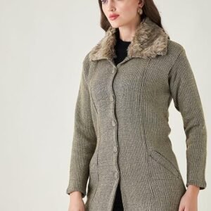 Collections Women's fitted winter coat with faux fur collar and button-up front.