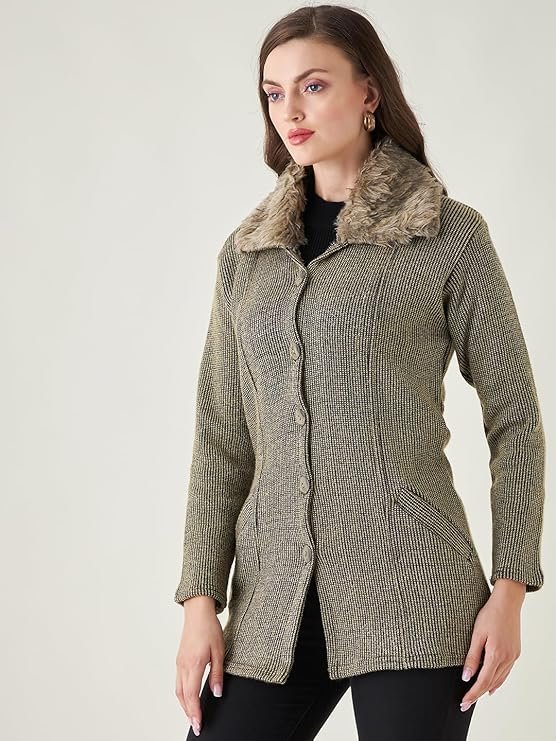 Women's Textured Winter Coat with Faux Fur Collar. Women's fitted winter coat with faux fur collar and button-up front.