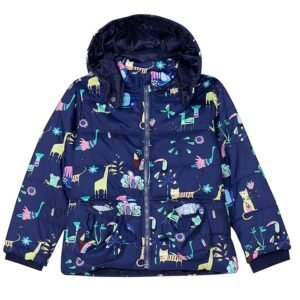 Kids Girls navy blue puffer jacket with an all-over colorful whimsical animal and floral print, featuring a hood, zipper closure, and padded insulation for kids' winter wear.