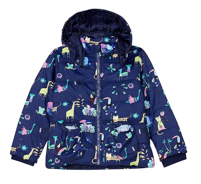 Girls Navy Puffer Jacket with Fun Animal Print | Kids Hooded Padded Coat Girls navy blue puffer jacket with an all-over colorful whimsical animal and floral print, featuring a hood, zipper closure, and padded insulation for kids' winter wear.