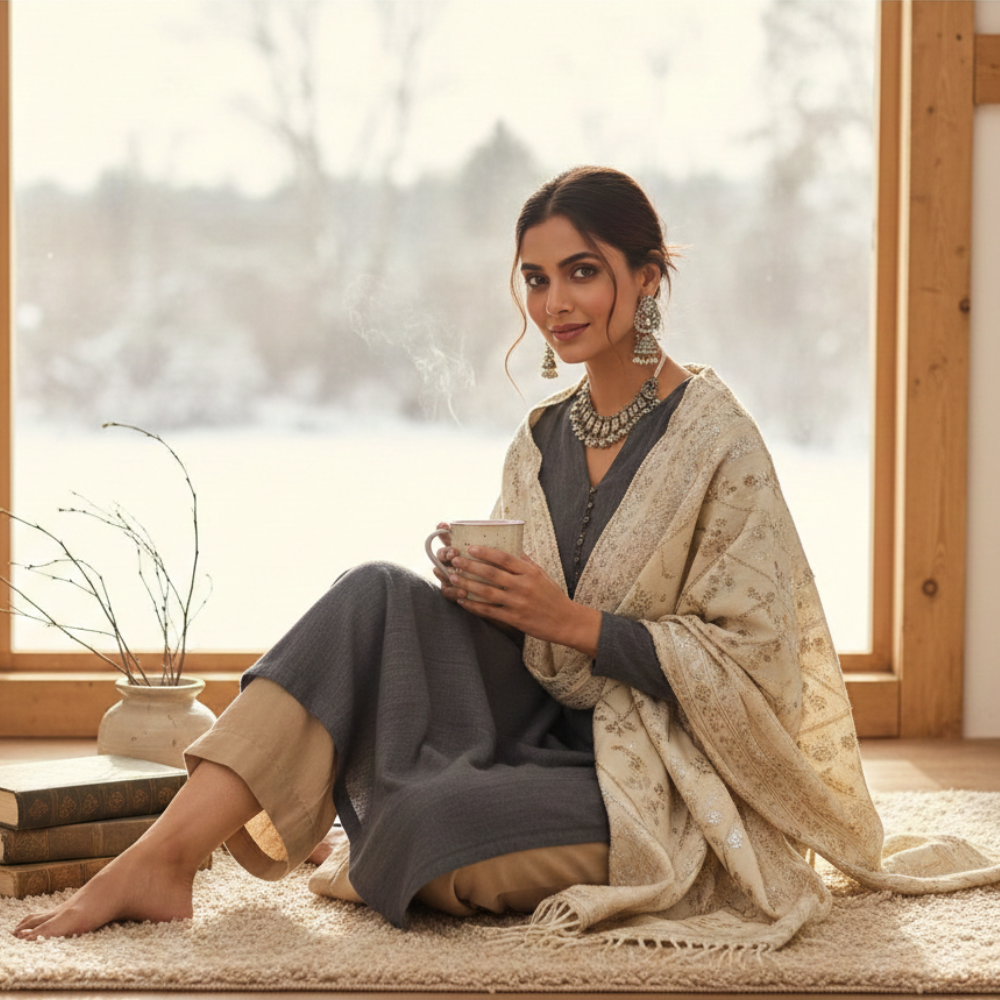 Indian winter fashion outfit showcasing Redik winter collection